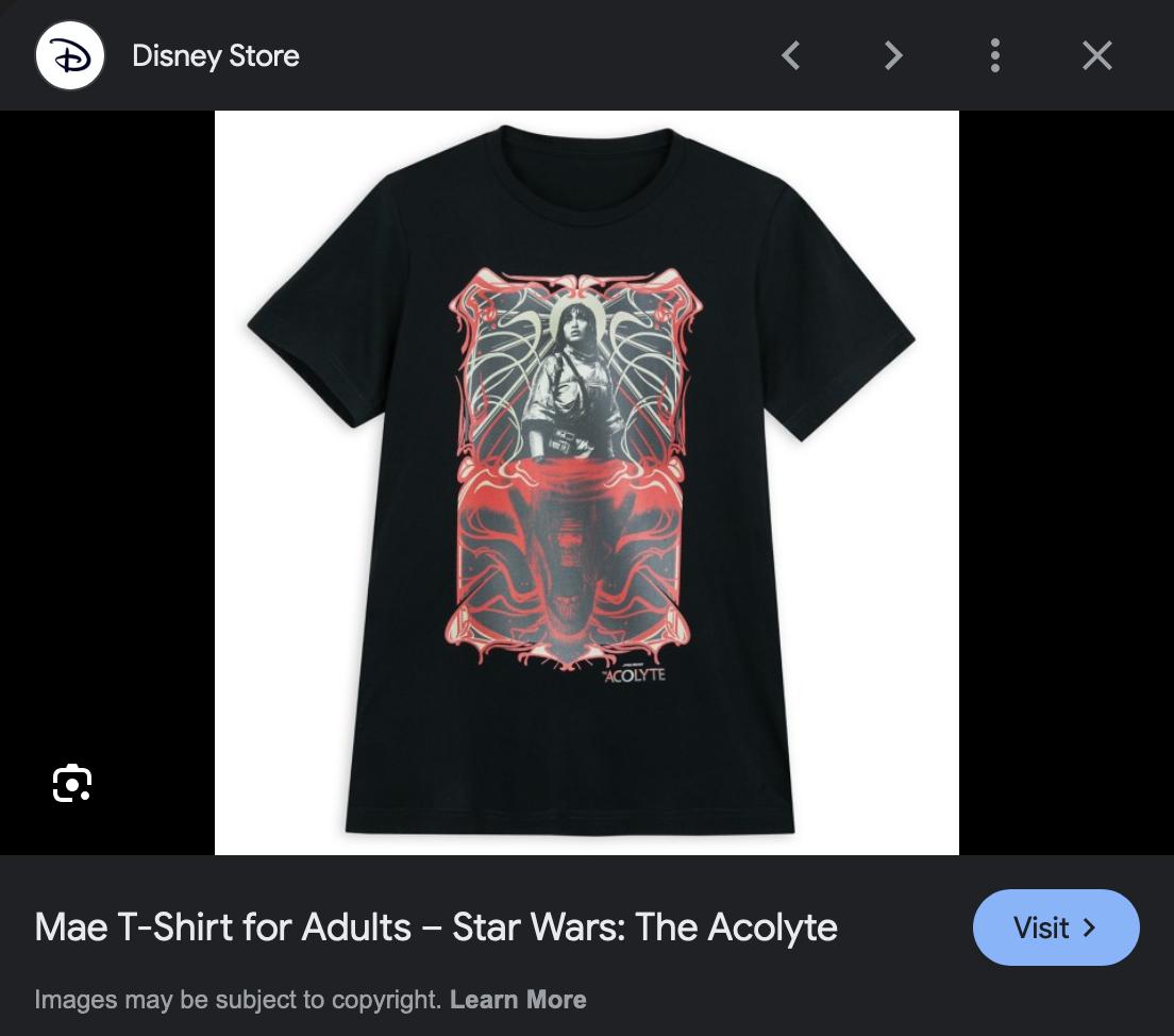 An official Disney Store listing for a 'The Acolyte' t-shirt via Google