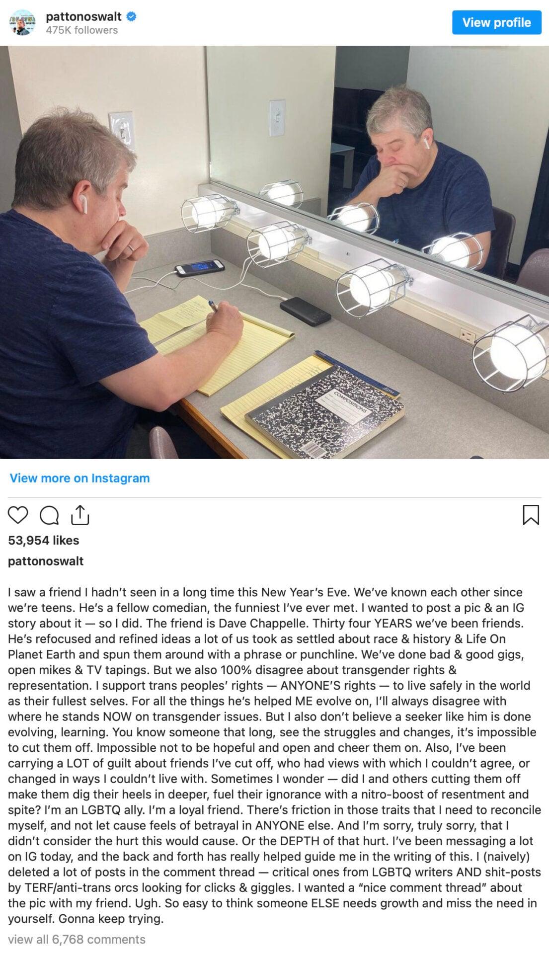 Patton Oswalt prostrates himself before the outrage mob simply for sharing a photo of himself with Dave Chappelle.