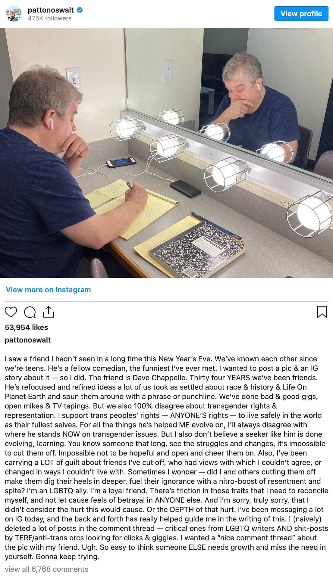 Patton Oswalt prostrates himself before the outrage mob simply for sharing a photo of himself with Dave Chappelle.