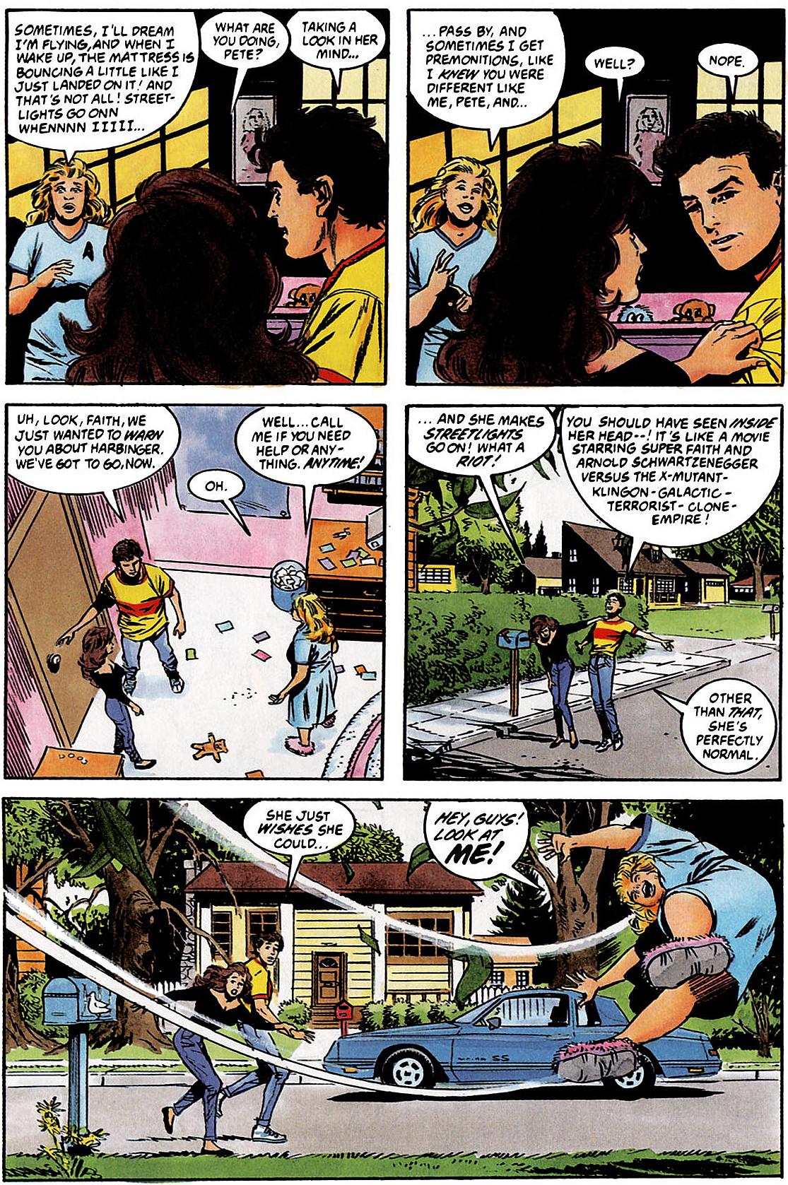 Faith discovers her powers meeting Sting and Kris Hathaway in Harbinger Vol. 1 #1 (1992), Valiant