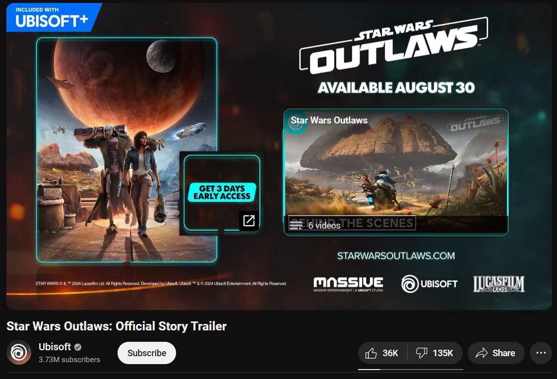 Ubisoft's "Star Wars Outlaws: Official Story Trailer," with its like and dislike metrics via the Return YouTube Dislike plugin on YouTube