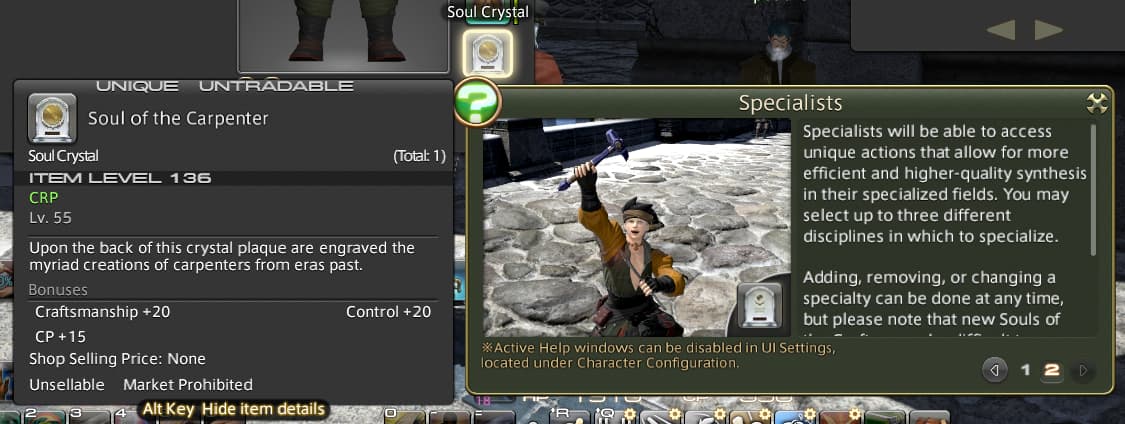 The Soul of the Carpenter and Specialists Active Help window in Final Fantasy XIV: Endwalker (2021), Square Enix