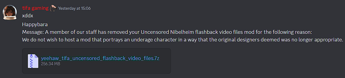TifaBro- under the name tifa gaming- claims that NexusMods removed his uncensor mod due to the character's age in a flashback via Discord