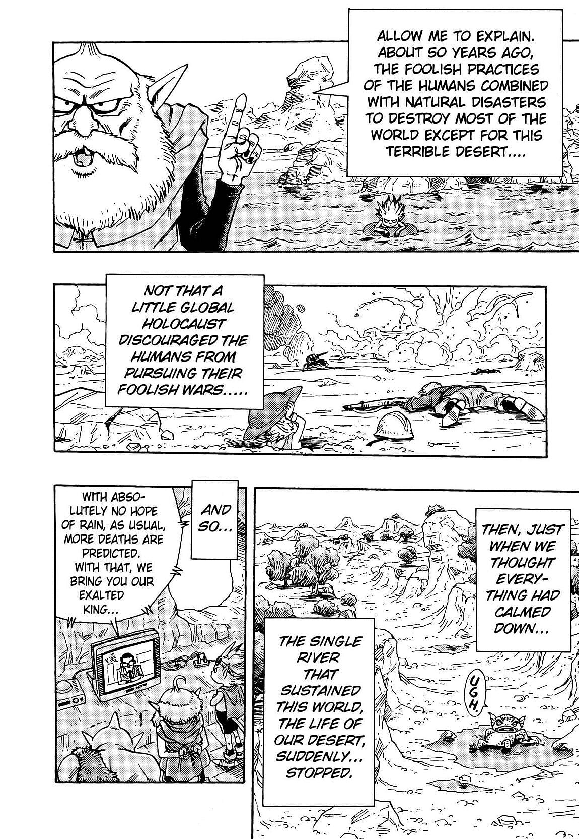 Thief gives a rundown of the world's current situation in Sand Land Ch. 1 "Let's Go!" (2000), Shueisha. Words and art by Akira Toriyama.