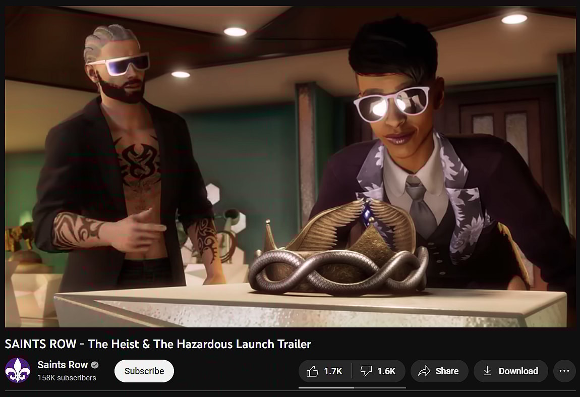 The trailer for Saints Row - The Heist & The Hazardous Launch Trailer has an almost equal number of likes and dislikes via Saints Row, YouTube