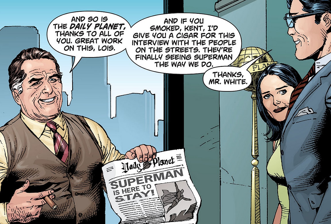 Perry White offers Clark Kent his first compliment in Superman: Secret Origin Vol. 1 #3 "Mild-Mannered Reporter" (2010), DC. Words by Geoff Johns, art by Gary Frank, Jon Sibal, Brad Anderson, and Steve Wands.