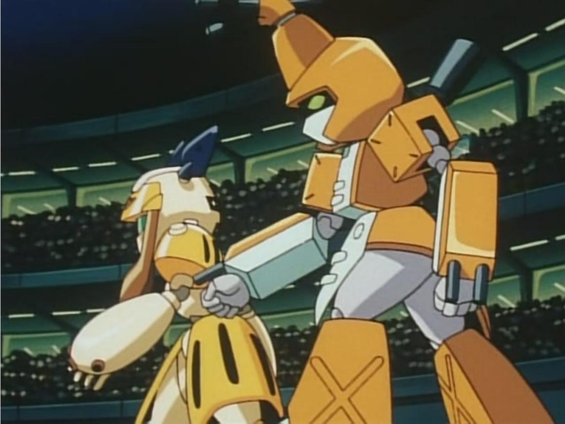 Metabee (Junko Takeuchi) and Sumilidon (Satoshi Tsuruoka) enter the arena in Medabots Season 1 Episode 40 "The Spy Who Robattled Me" (2001), Imagineer via DVD