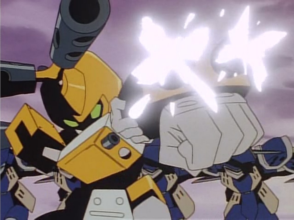 Metabee (Junko Takeuchi) takes aim at Belzega in Medabots Season 1 Episode 14 "The Spy Who Robattled Me" (2001), Imagineer via DVD