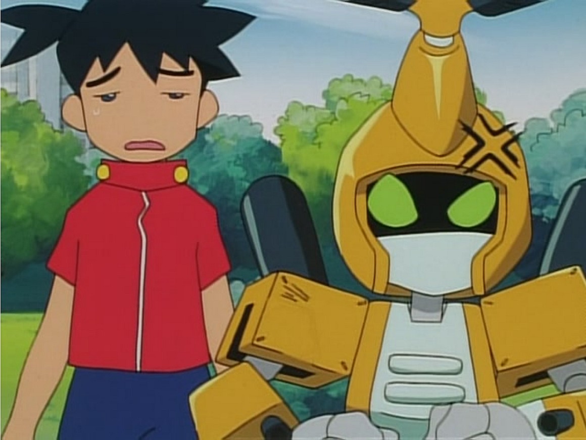 Metabee (Junko Takeuchi) and Ikki (Michiru Yamazaki) are frustrated by Rokusho (Isao Shinohara) in Medabots Season 1 Episode 15 "I Dream of Hushi" (2001), Imagineer via DVD