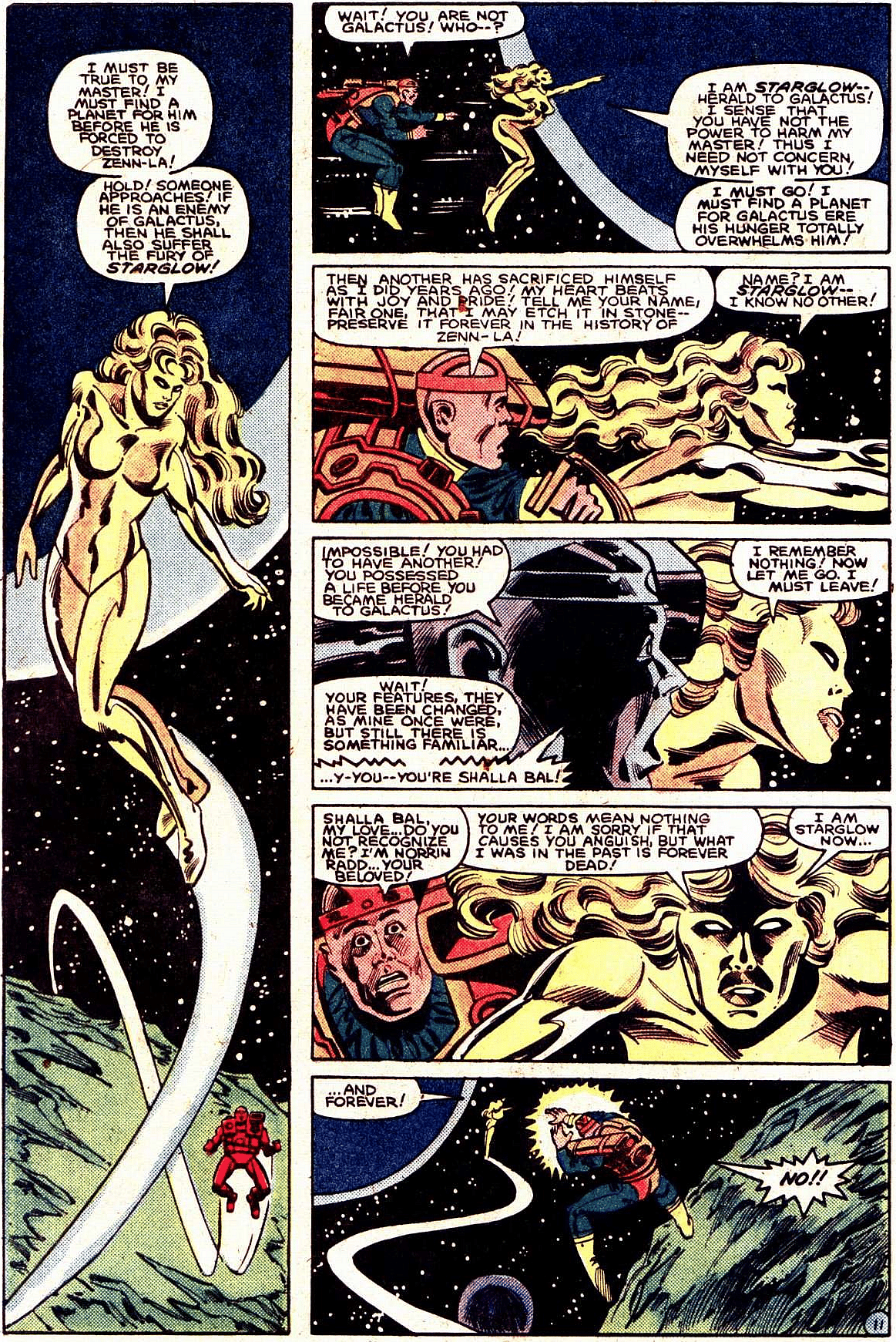 Shalla-Bal fails to recognize her former love in What If? Wol. 1 #37 "What If Galactus Had Turned The Silver Surfer Back Into Norrin Radd?" (1982), Marvel Comics. Words by David Kraft, art by Mike Vosburg, Steve Mitchell, Bob Sharen, and Diana Albers.