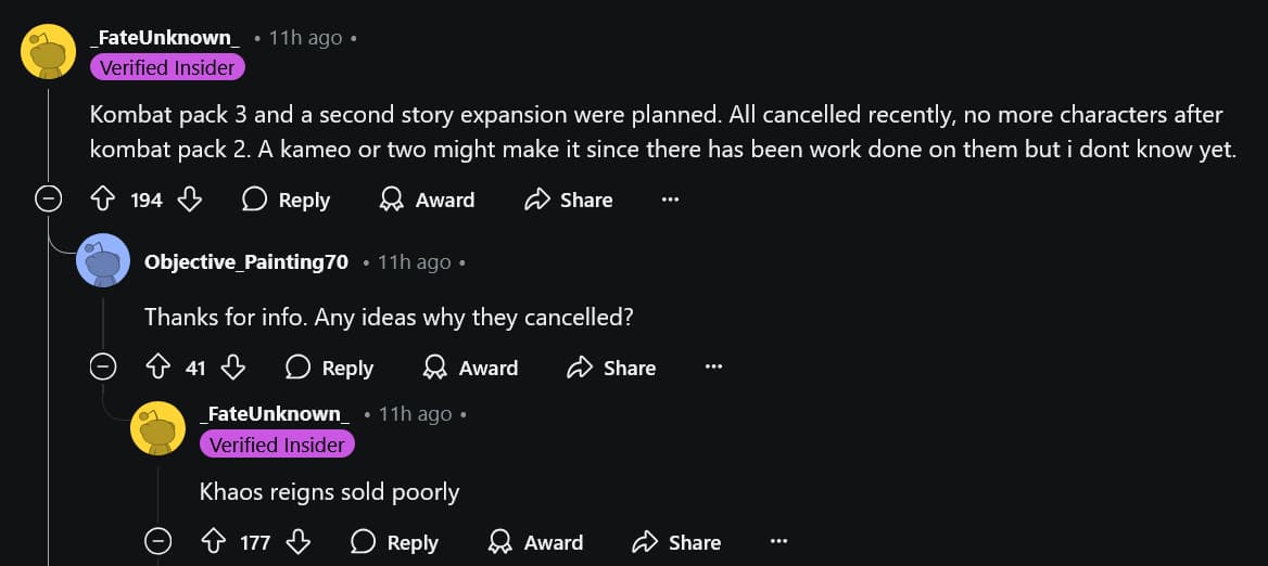 'Mortal Kombat 1' scooper /u/_FateUnknown provides an update about Warner Bros. Games' future DLC plans.