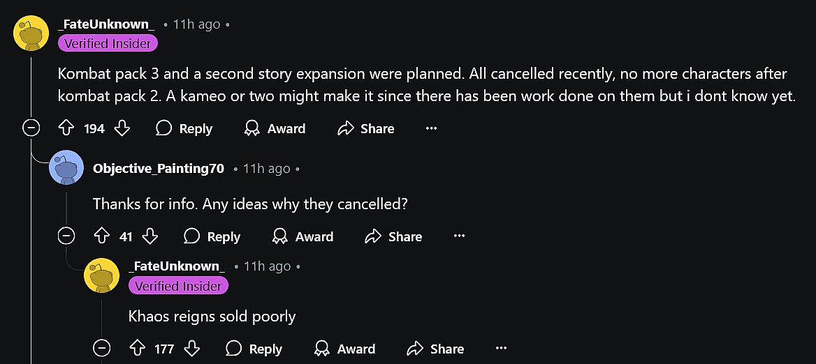 'Mortal Kombat 1' scooper /u/_FateUnknown provides an update about Warner Bros. Games' future DLC plans.