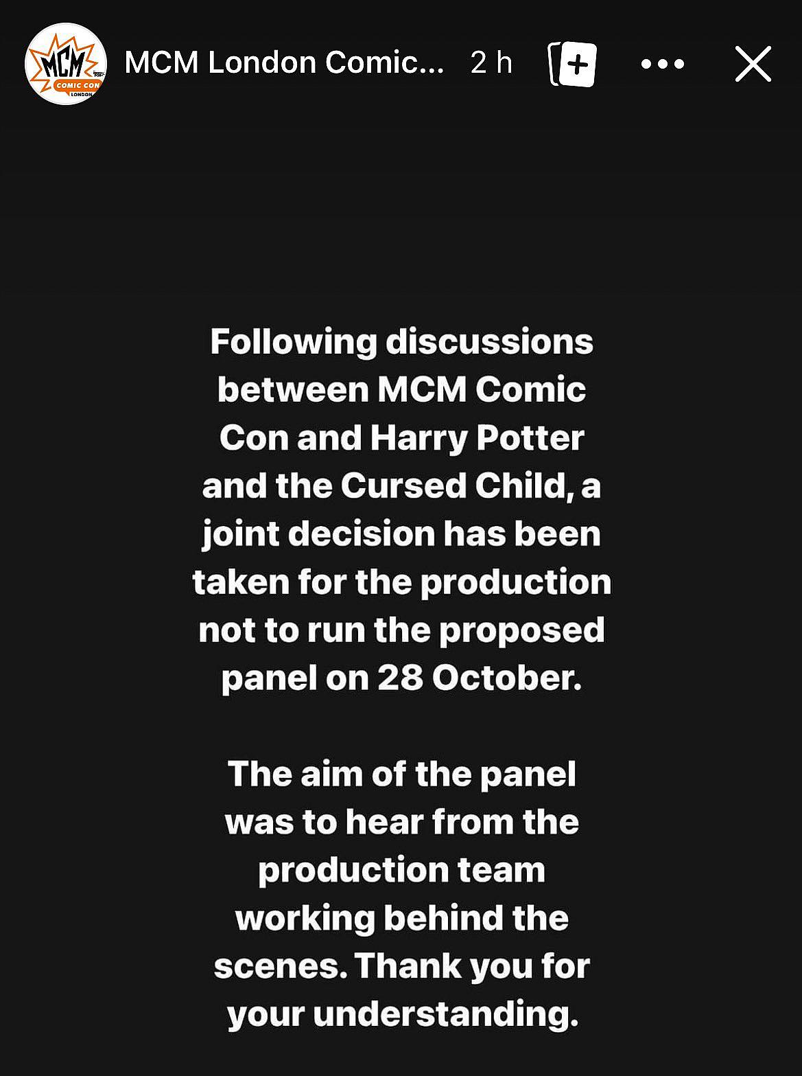 Switchboard objects to MCM London hosting a Harry Potter and The Cursed Child panel
