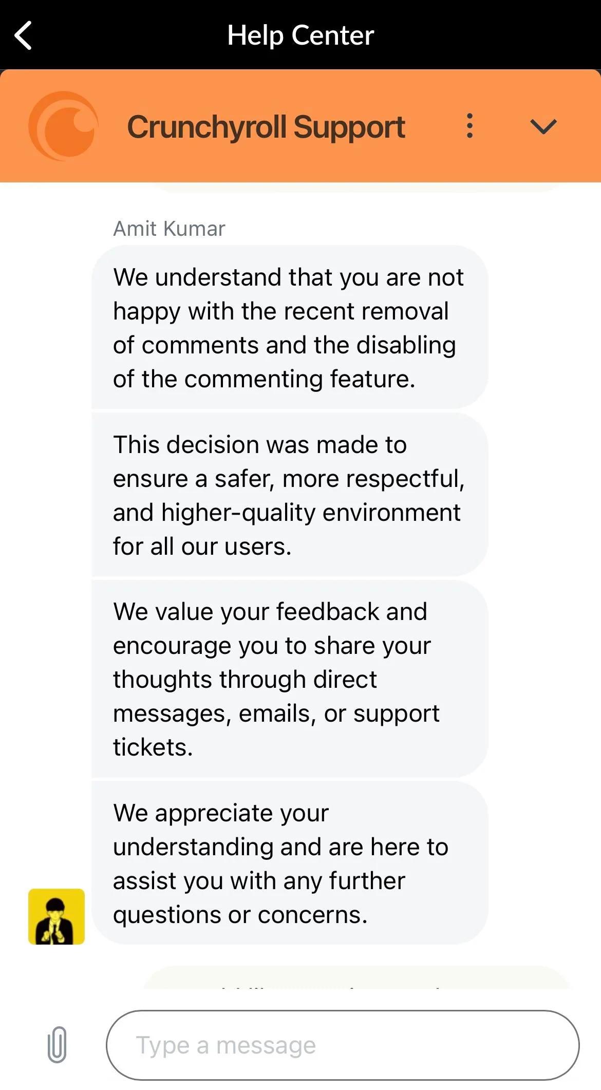 A Crunchyroll support team member confirms the site's removal of user-generated content via /u/Taoutes