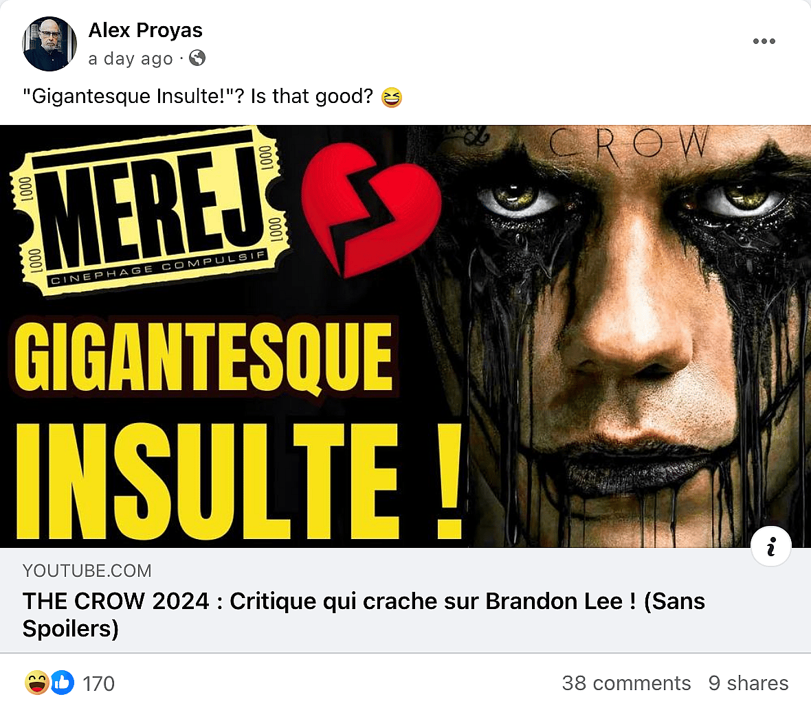 Original 'The Crow' director Alex Proyas laughs at the failure of Lionsgate's 2024 remake.