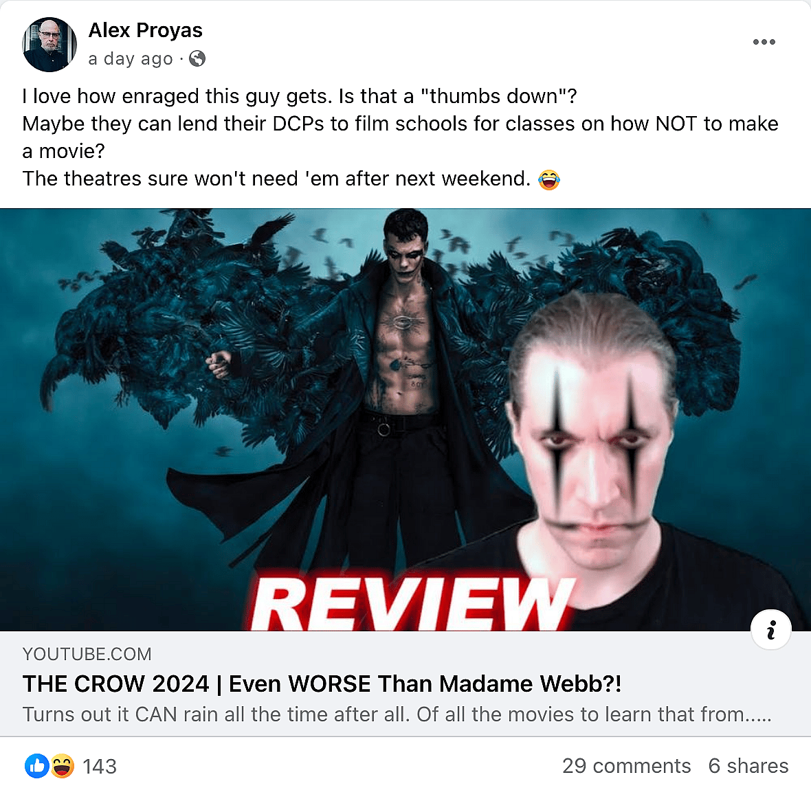 Original 'The Crow' director Alex Proyas laughs at the failure of Lionsgate's 2024 remake.