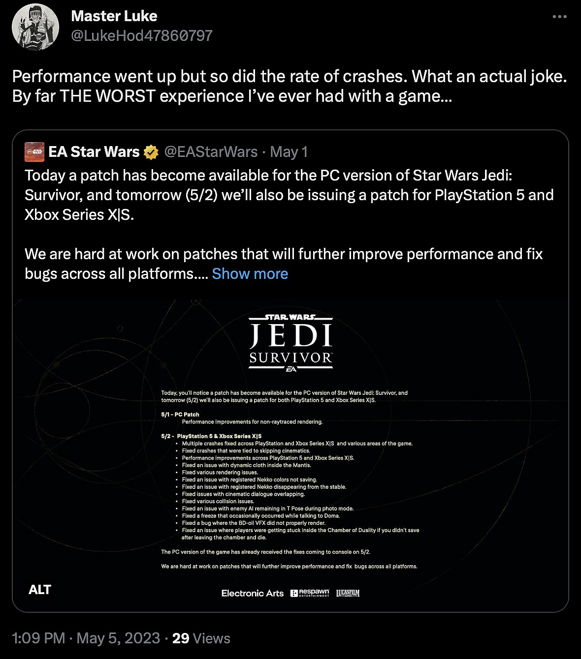 LukeHod47860797 mocks that the recent Star Wars Jedi: Survivor patch has made the game worse via Twitter