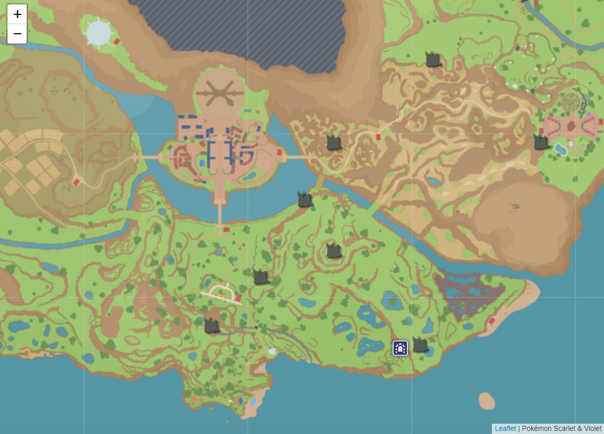 The locations of the Purple Ominous Stakes in Pokémon Scarlet & Violet via Serebii