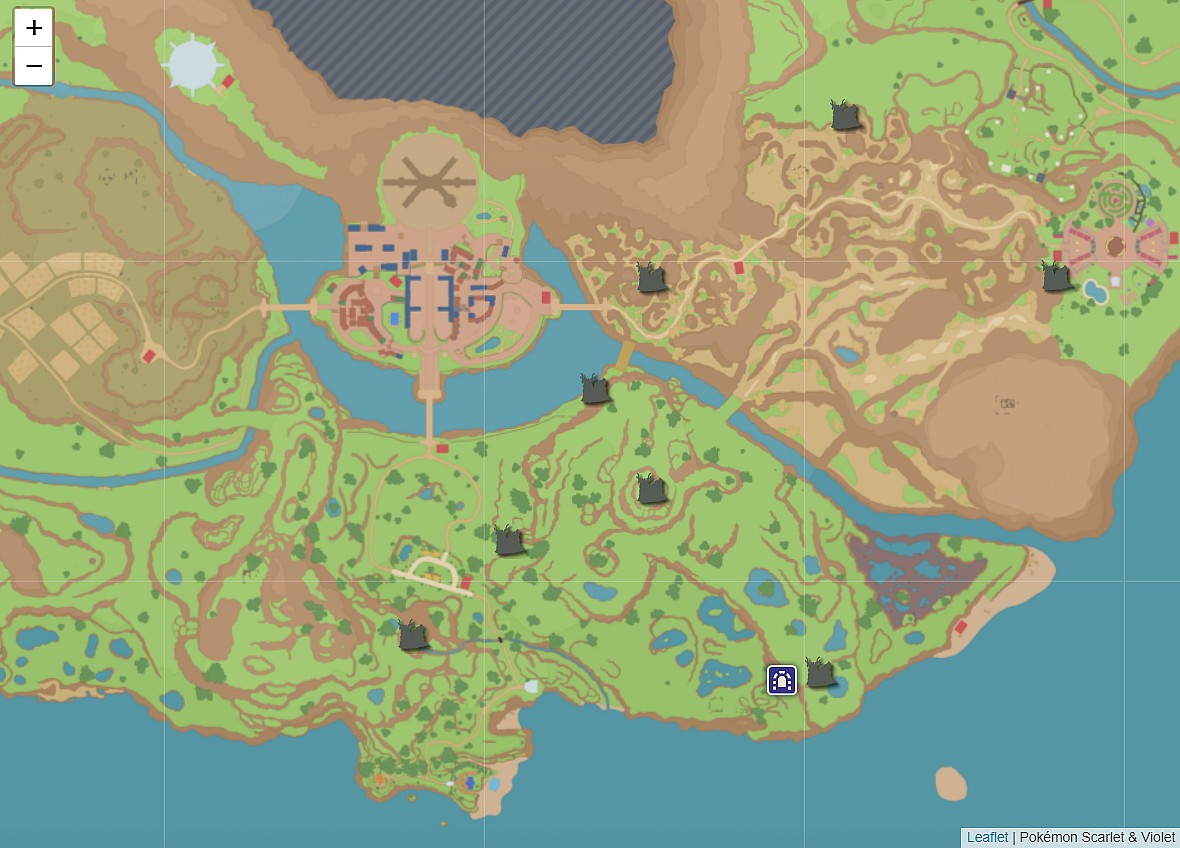 The locations of the Purple Ominous Stakes in Pokémon Scarlet & Violet via Serebii