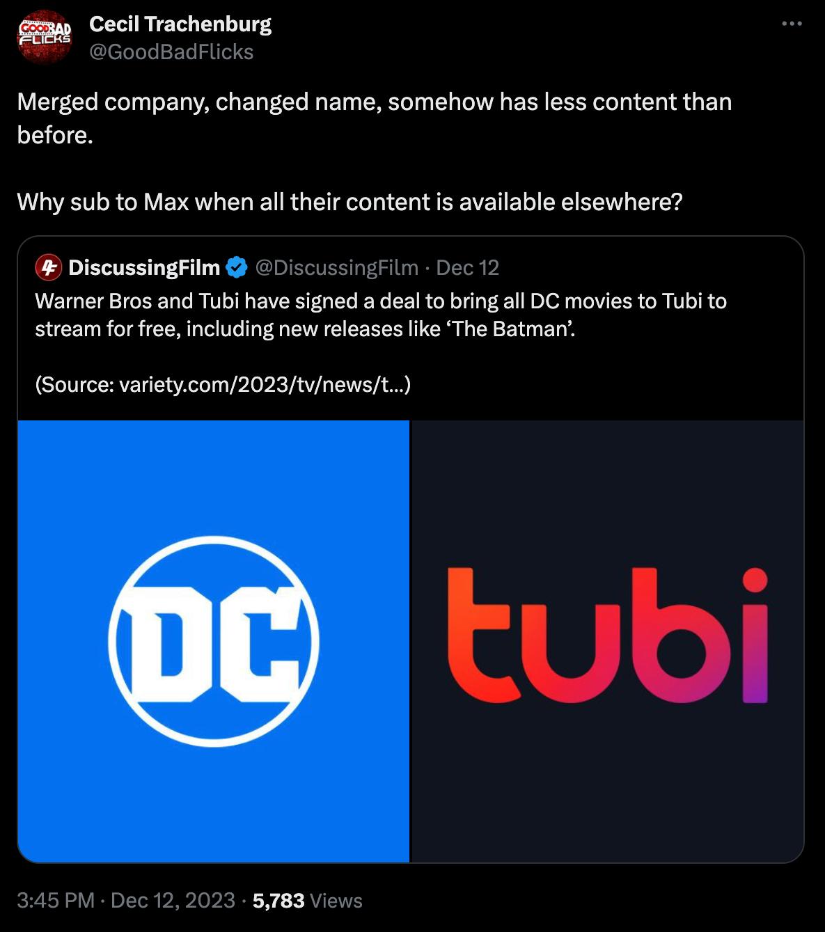 "Merged company, changed name, somehow has less content than before. Why sub to Max when all their content is available elsewhere?" - @GoodBadFlicks on X