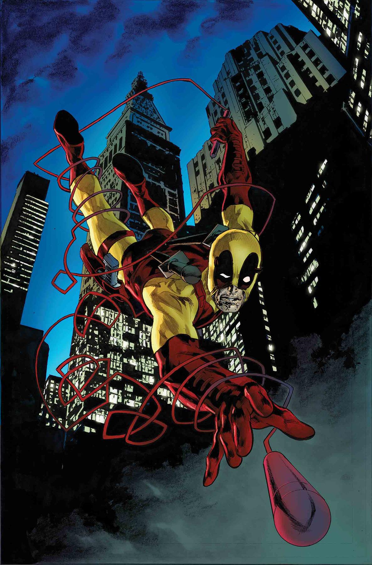 Deadpool tries on some classic duds on the Mike Perkins variant cover to Daredevil Vol. 1 #602 (2018), Marvel Comics via digital issue