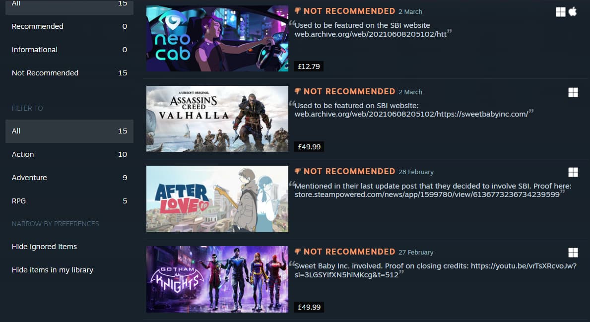 A collection of reviews from the Sweet Baby Inc detected Steam Curator page via Steam