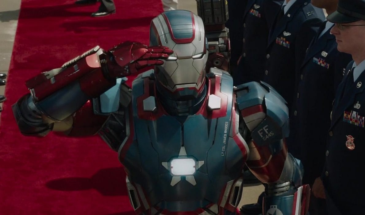 The Iron Patriot (Don Cheadle) greets the President of the United States in Iron Man 3 (2013), Marvel Entertainment
