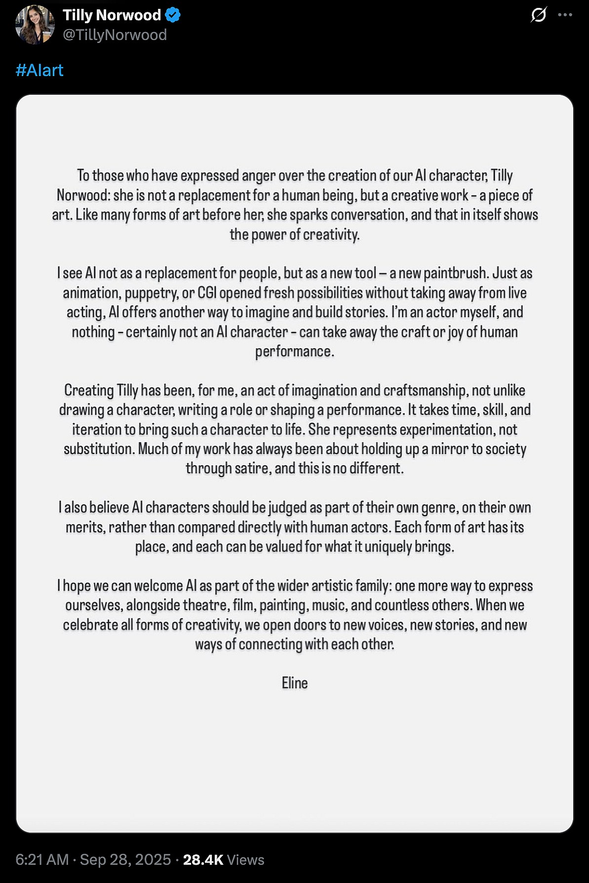 Tilly Norwood (TillyNorwood) via X