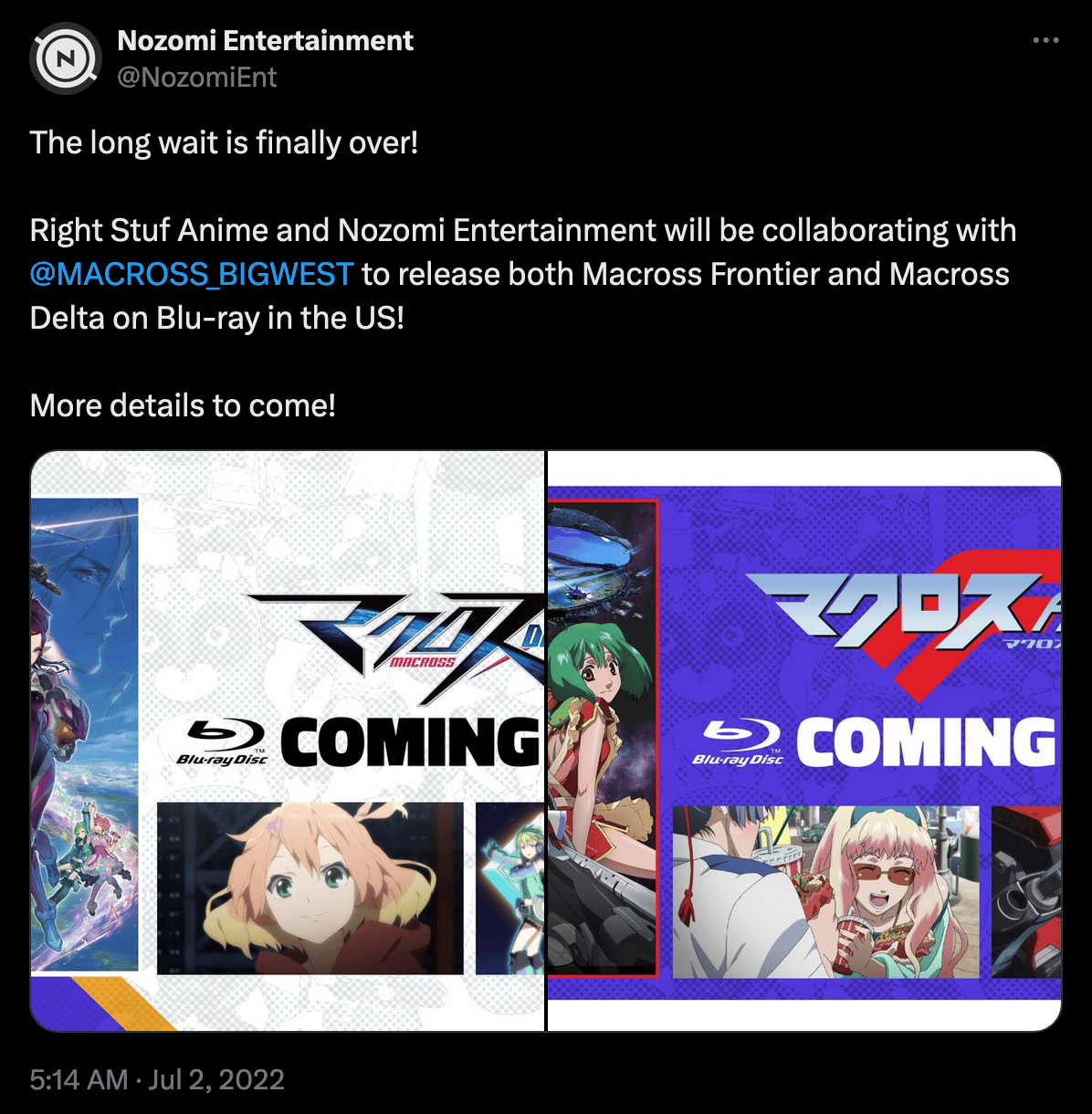 Nozomi Entertainment promises a 'Macross Frontier' and 'Macross Delta' Blu-ray release.