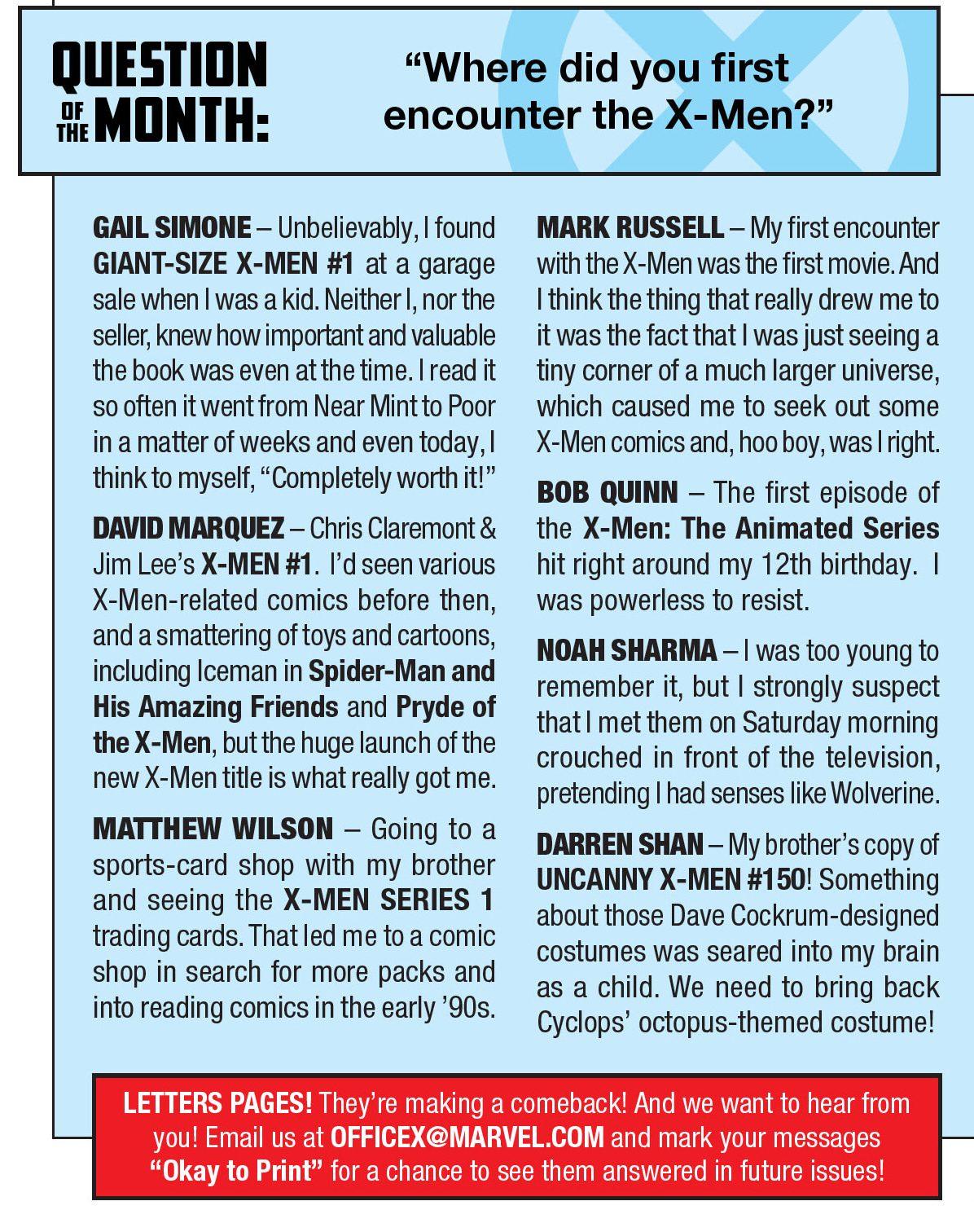 The 'Question of the Month' for August 2024 as it appears in X-Men Vol. 7 #2 “Invasion” (2024), Marvel Comics.