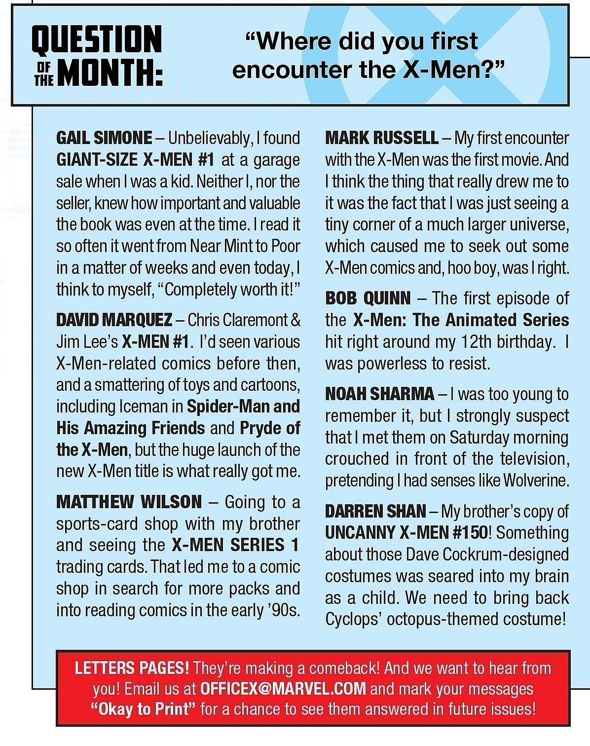 The 'Question of the Month' for August 2024 as it appears in X-Men Vol. 7 #2 “Invasion” (2024), Marvel Comics.