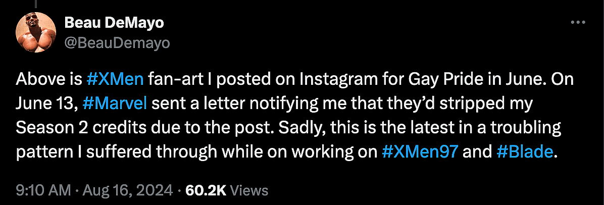 Former 'X-Men '97' showrunner Beau DeMayo claims Disney striped him of his Season 2 credits for sharing a Pride-themed piece of fan art.