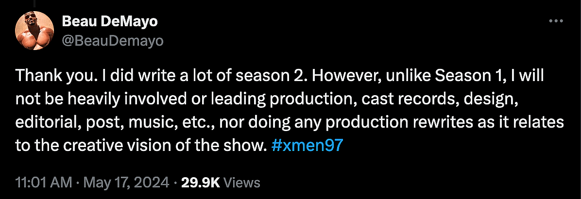 Former 'X-Men '97' showrunner Beau DeMayo claims Disney striped him of his Season 2 credits for sharing a Pride-themed piece of fan art.