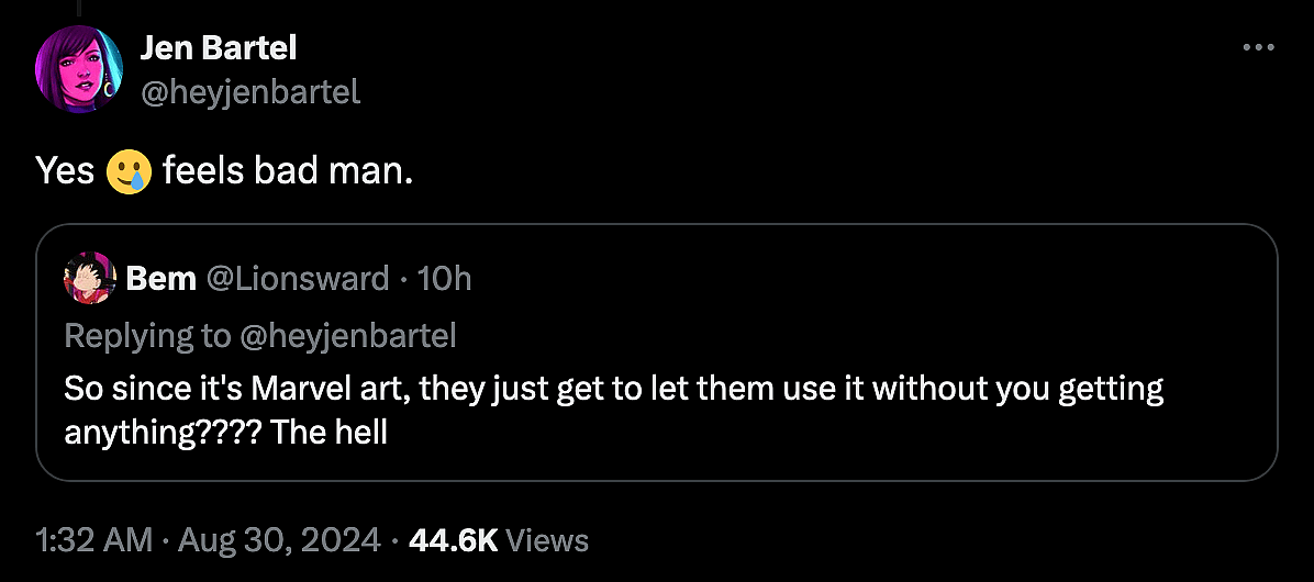 'She-Hulk' artist Jen Bartel takes aim at Marvel for not paying royalties to artists when their work is used in 'Marvel Snap'.