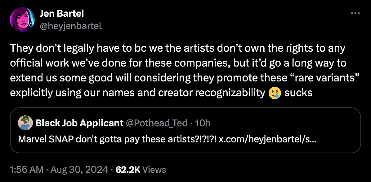 'She-Hulk' artist Jen Bartel takes aim at Marvel for not paying royalties to artists when their work is used in 'Marvel Snap'.