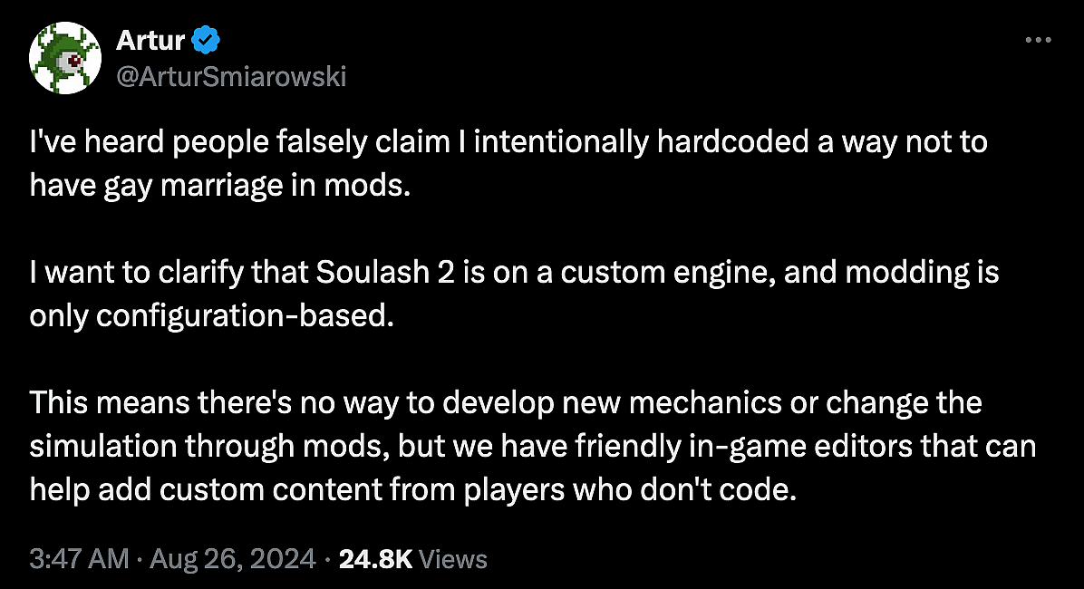 'Soulash II' dev Artur Smiraowski discusses his decision to not include same-sex marriages in the game.