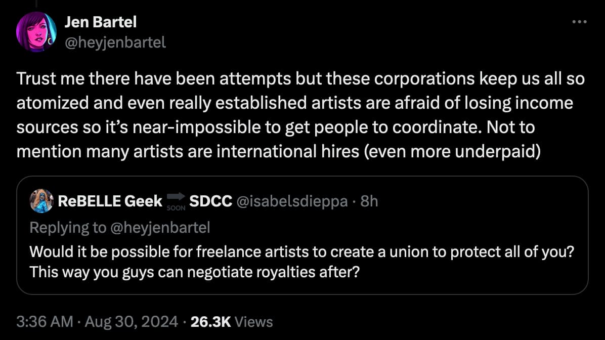 'She-Hulk' artist Jen Bartel takes aim at Marvel for not paying royalties to artists when their work is used in 'Marvel Snap'.