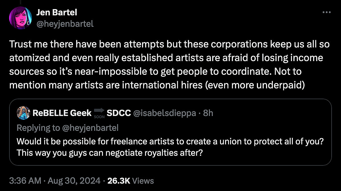 'She-Hulk' artist Jen Bartel takes aim at Marvel for not paying royalties to artists when their work is used in 'Marvel Snap'.