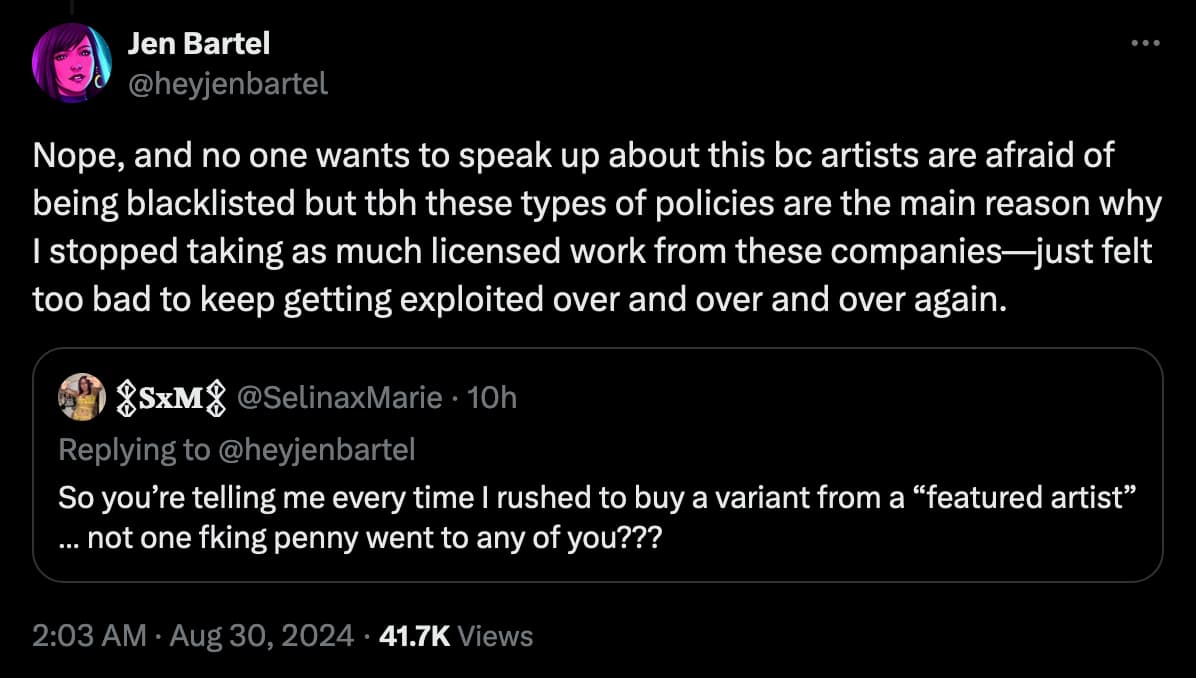 'She-Hulk' artist Jen Bartel takes aim at Marvel for not paying royalties to artists when their work is used in 'Marvel Snap'.