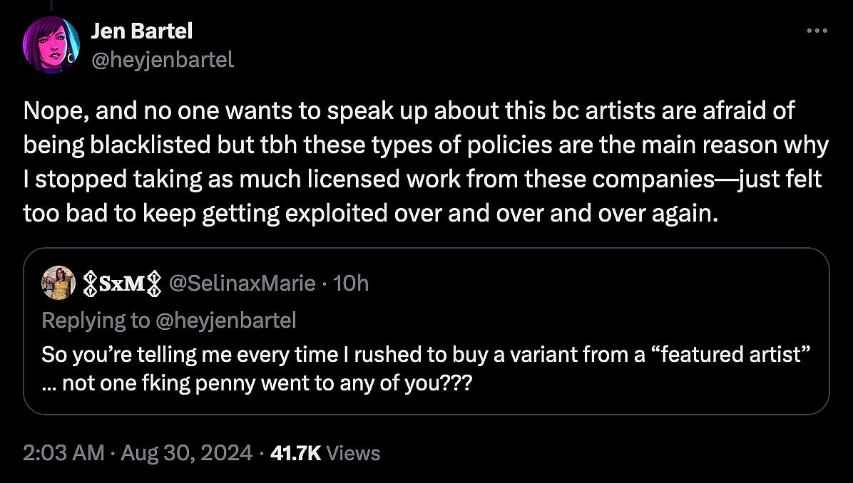 'She-Hulk' artist Jen Bartel takes aim at Marvel for not paying royalties to artists when their work is used in 'Marvel Snap'.