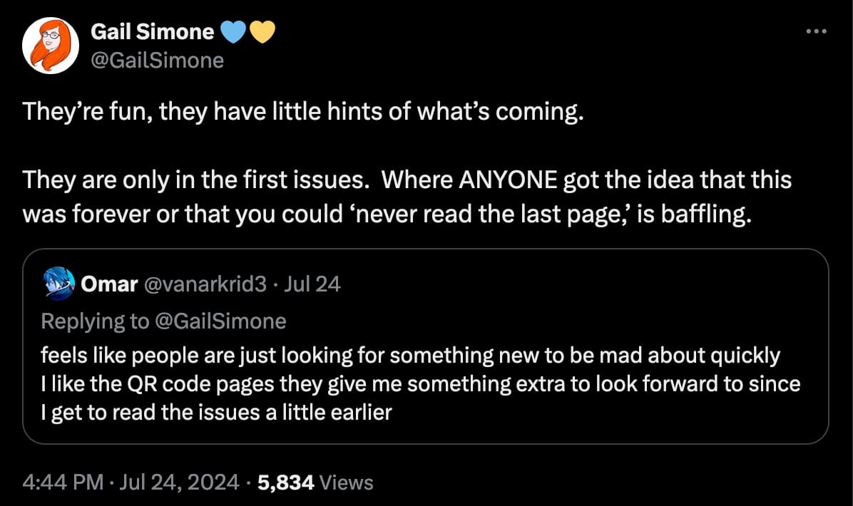 'Uncanny X-Men' writer Gail Simone defends Marvel Comics' new first issue QR code gimmick for its From The Ashes relaunch.