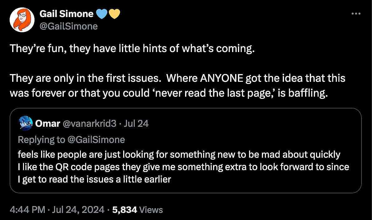 'Uncanny X-Men' writer Gail Simone defends Marvel Comics' new first issue QR code gimmick for its From The Ashes relaunch.