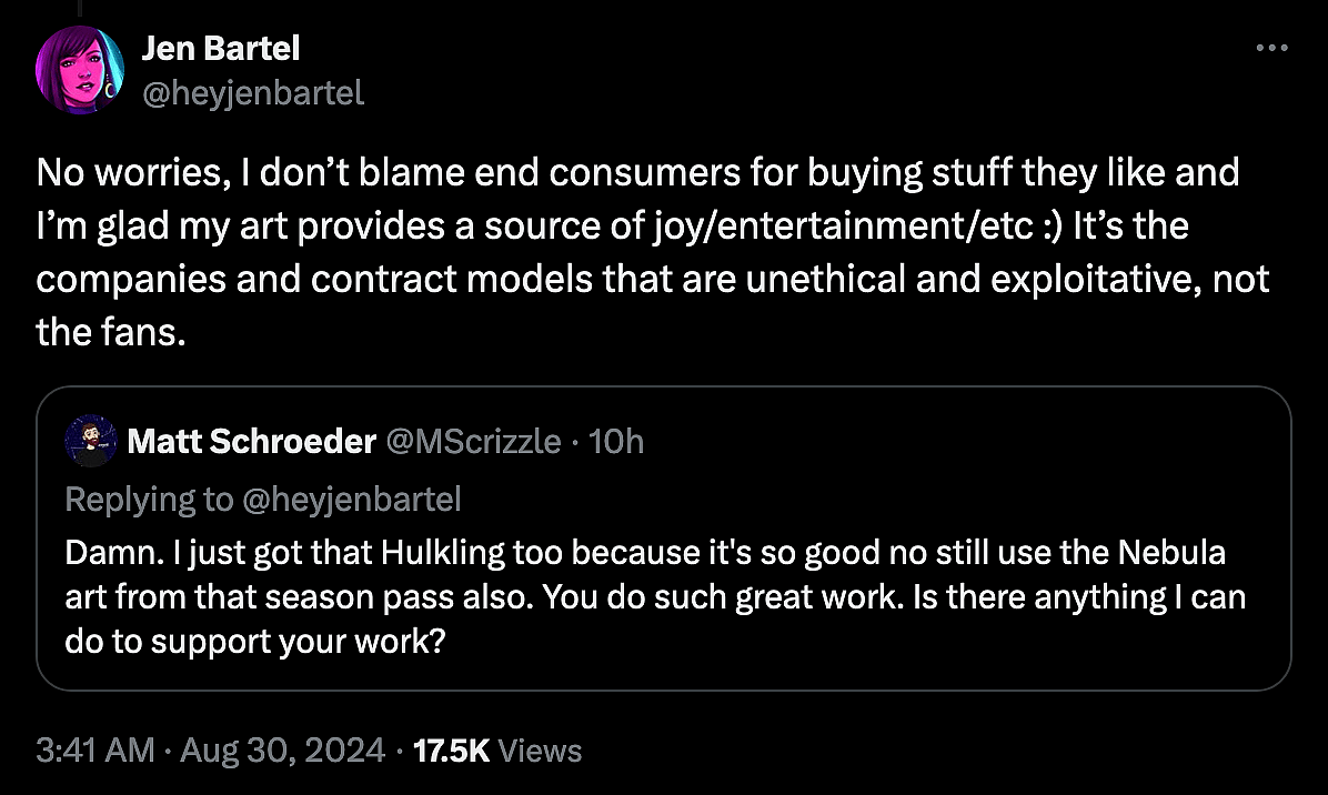 'She-Hulk' artist Jen Bartel takes aim at Marvel for not paying royalties to artists when their work is used in 'Marvel Snap'.