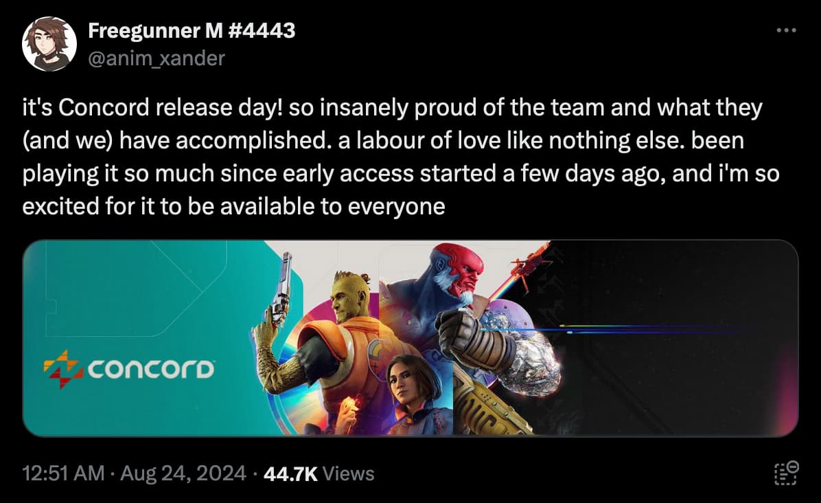 'Concord' view model animator Xander Farrells insults the game's critics.
