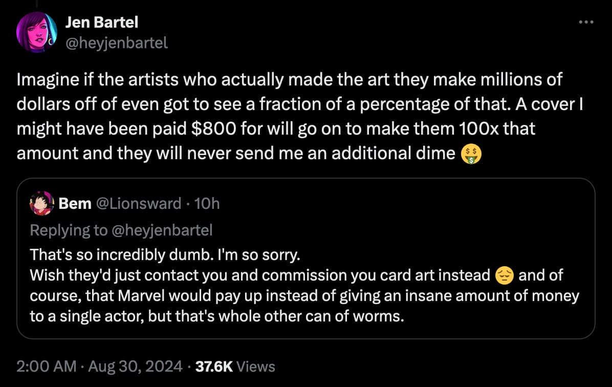 'She-Hulk' artist Jen Bartel takes aim at Marvel for not paying royalties to artists when their work is used in 'Marvel Snap'.