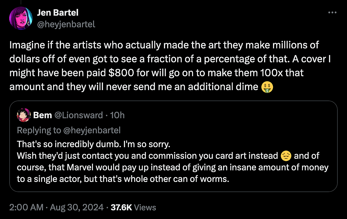 'She-Hulk' artist Jen Bartel takes aim at Marvel for not paying royalties to artists when their work is used in 'Marvel Snap'.