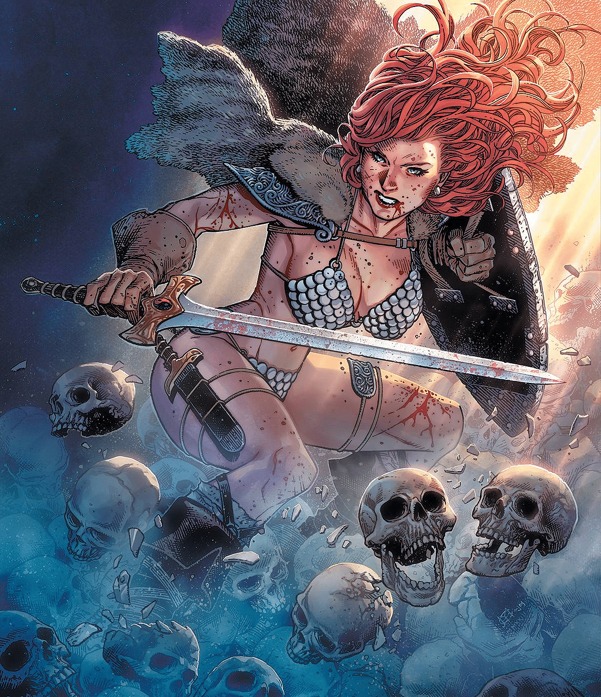 Red Sonja draws her blade on Jim Cheung's variant cover to Red Sonja Vol. 7 #1 "His Master's Voice, Part One" (2023), Dynamite Comics