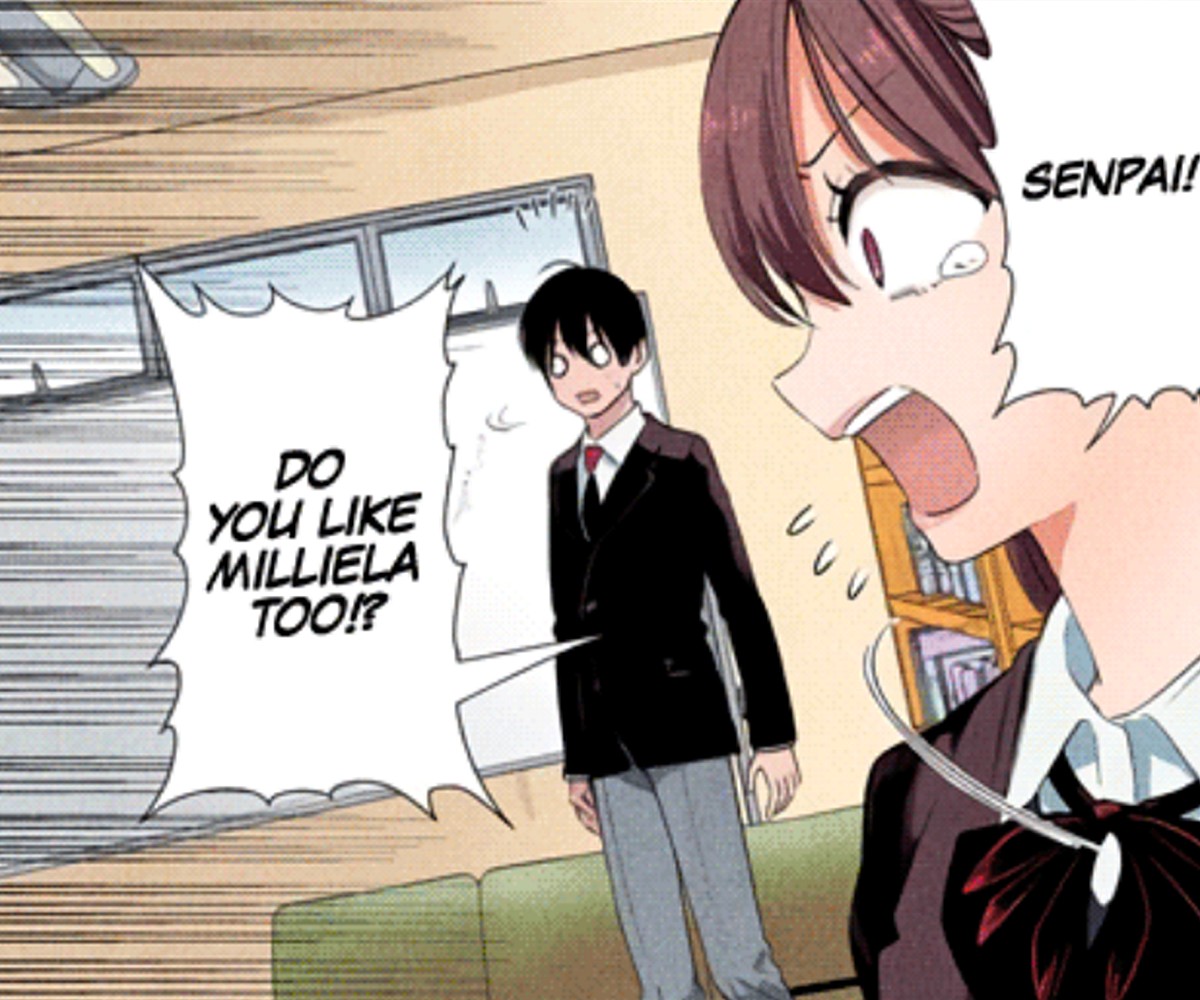 Mikari Tachibana asks Masamune Okumura if he likes Milliela  in 2.5 Dimensional Seduction Chapter 7 "So, Which One's Lilliel?" (2019), Shueisha. Words and Art by Yu Hashimoto.