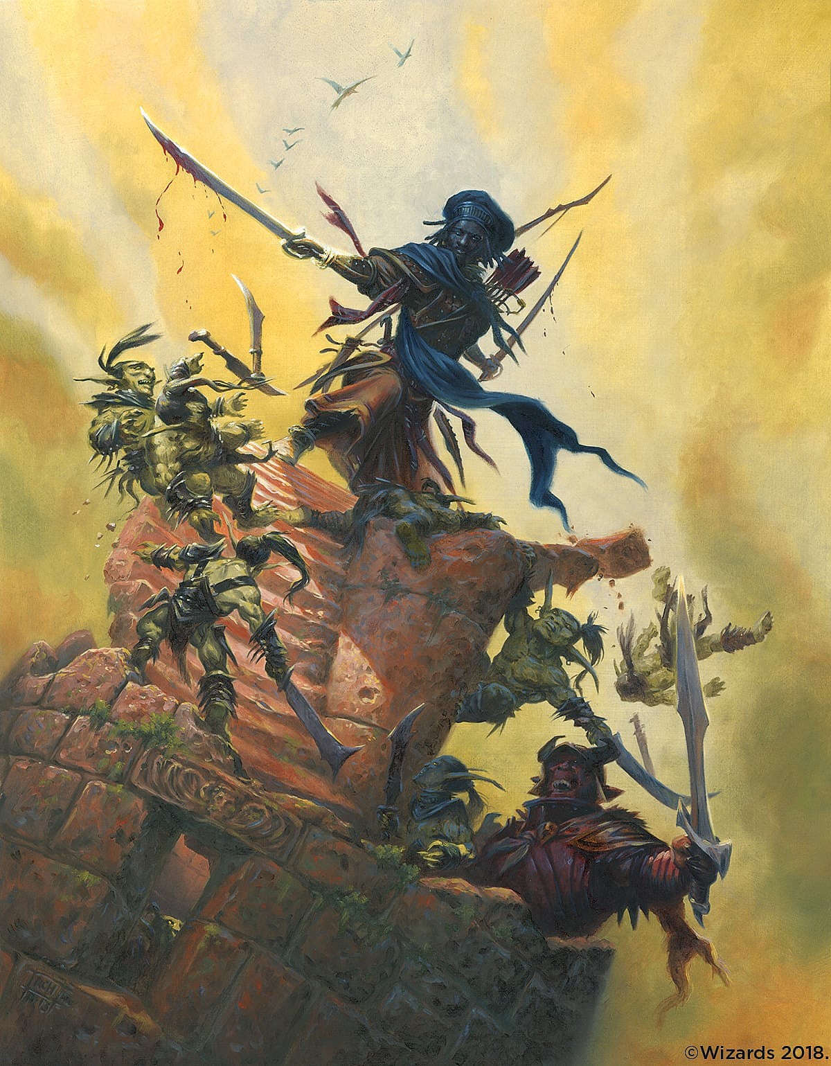 A fighter defends his post against a horde of goblins in Standfast by Ralph Horsley for Dungeons & Dragons 5th edition (2018) via DeviantArt