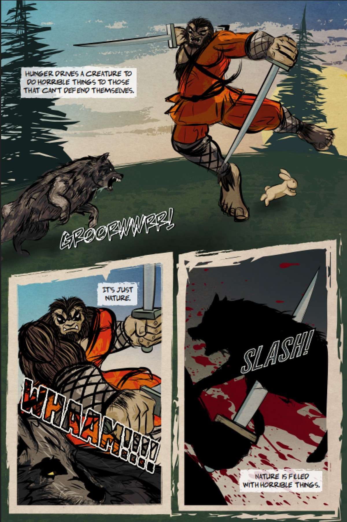 Bigfoot has a soft spot for soft tails in Bigfoot Knows Karate Volume 1 Issue #1 (2025). Words by Casey Allen and Dan Price. Art by Dan Price. Homebrewed Comics